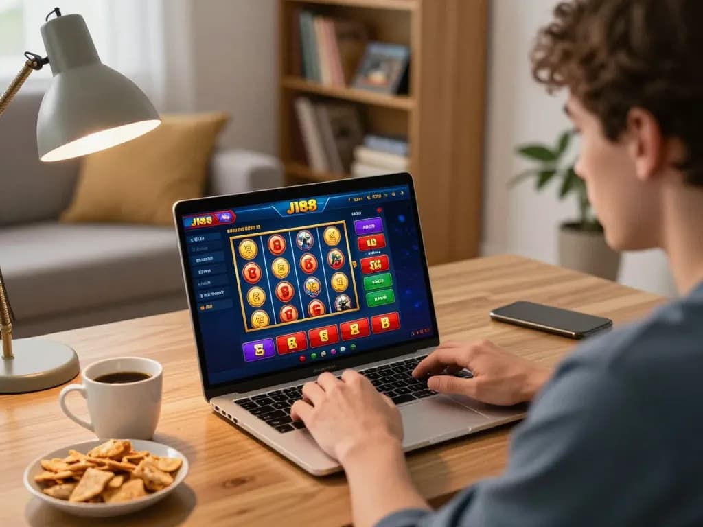 Player enjoying immersive gaming on J188 casino app in a cozy home setting