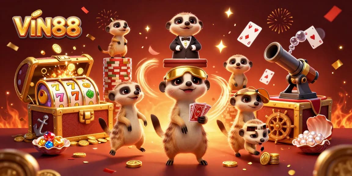 Engage in fun casino action at VIN88 with meerkats managing games, soaring gold coins, and thrilling slot machines.