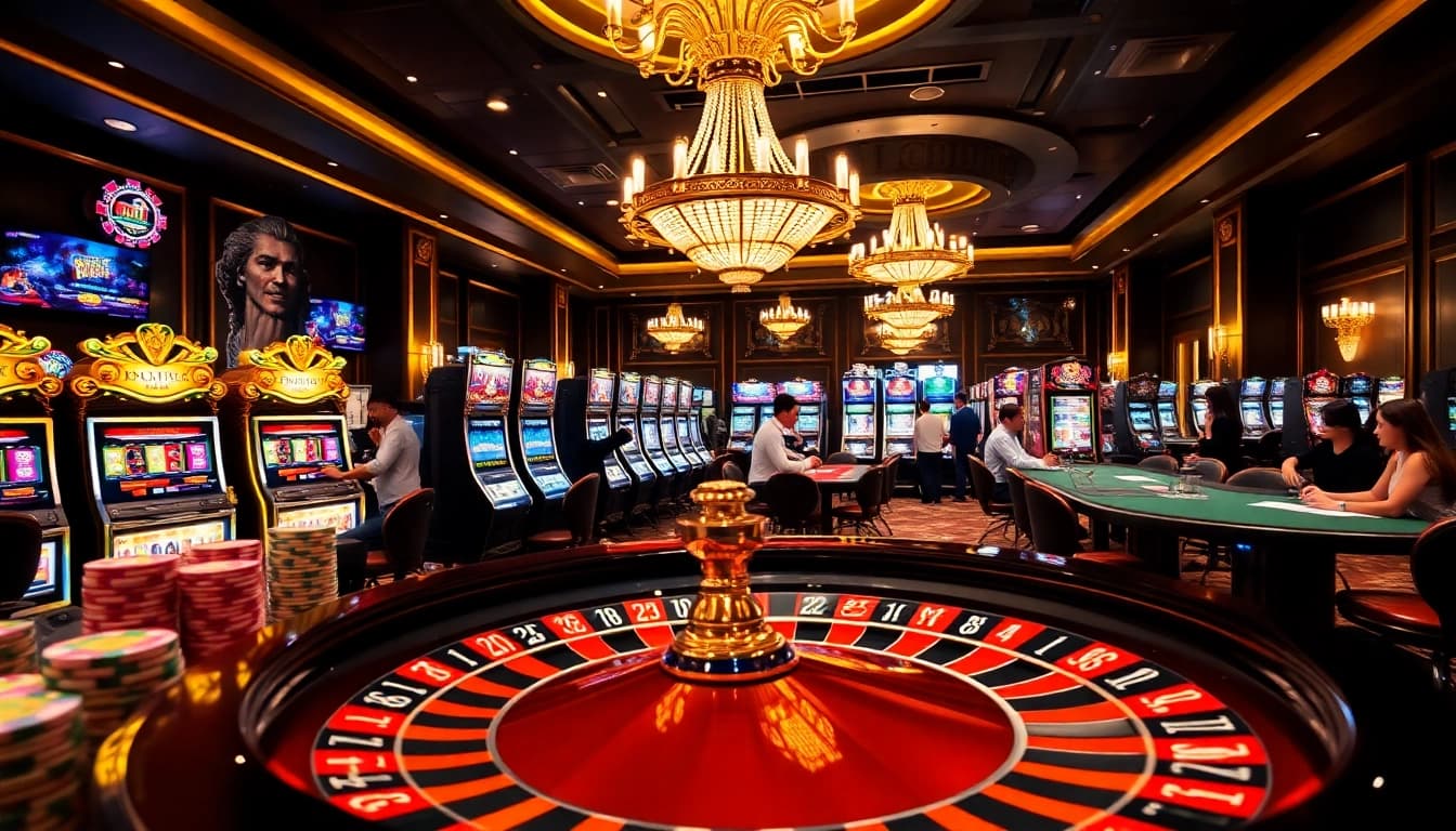 LC88 casino featuring players joyfully gambling at roulette and slot machines.