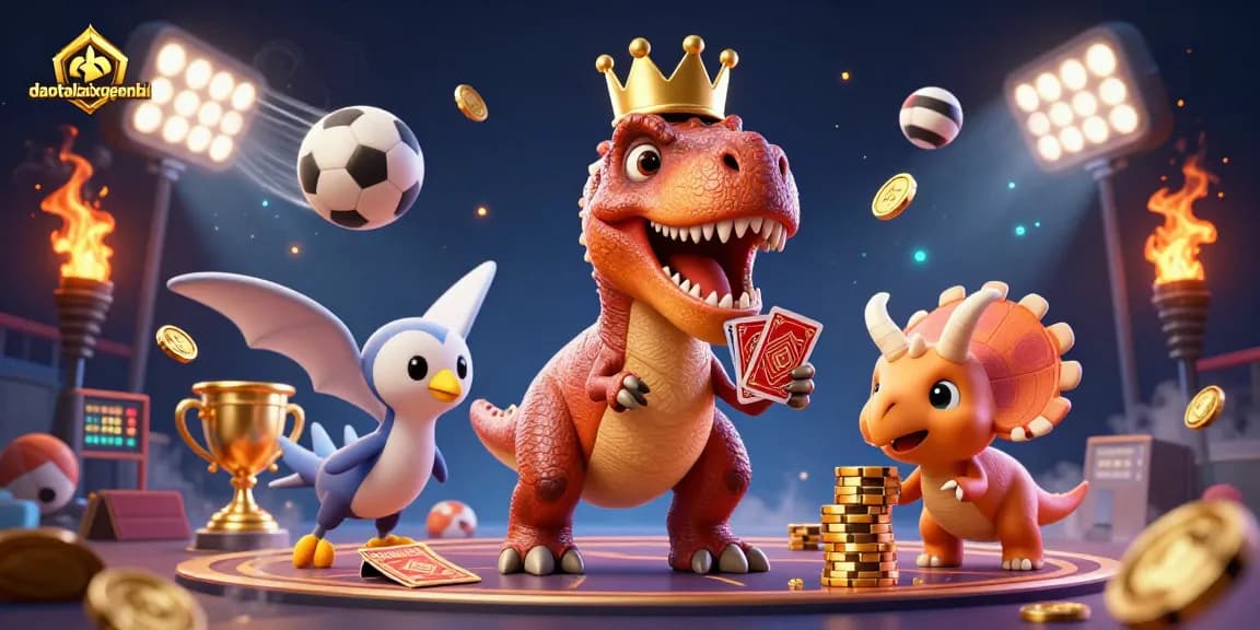Experience thrilling gameplay at daotaolaixeyenbai with a vibrant T-Rex and friends in a dynamic gambling scene.