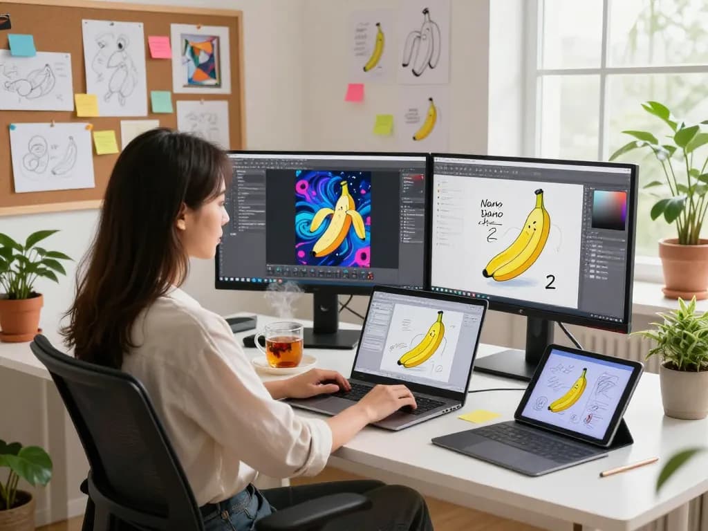 Dynamic digital artist using nano banana 2 on dual monitors in a bright workspace.