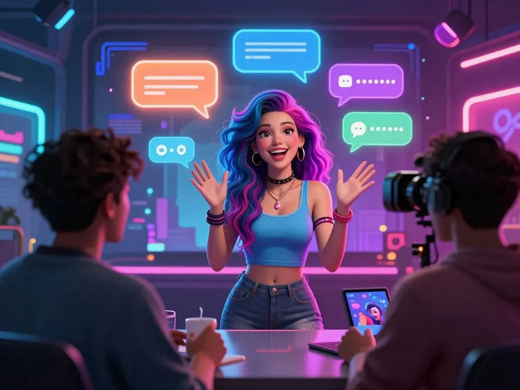 Character from CrushOn AI engaging in flirty chat, showcasing NSFW AI interactions with vibrant digital elements.