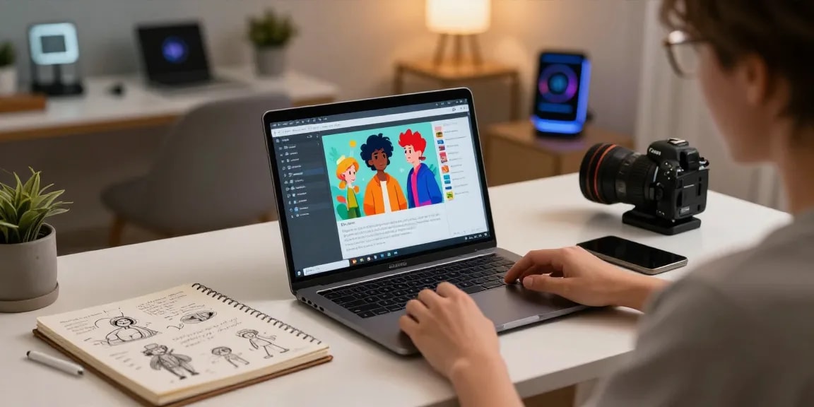 Engaging user experience with Tavern AI showcasing character creation on a laptop in a modern home office.