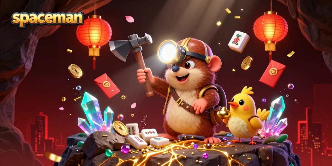 Engage with the spaceman in a vibrant casino-themed illustration featuring glimmering treasures and festive decorations.