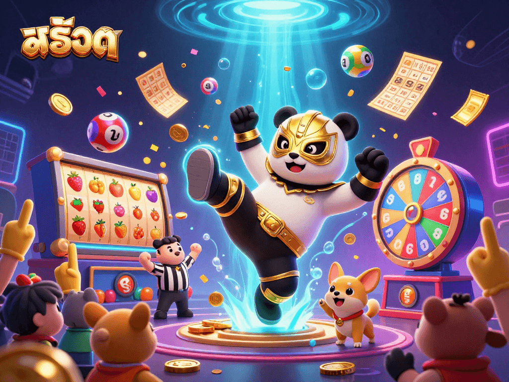 Experience festive สล็อต gameplay with a panda wrestler and fun game elements in a vibrant scene.