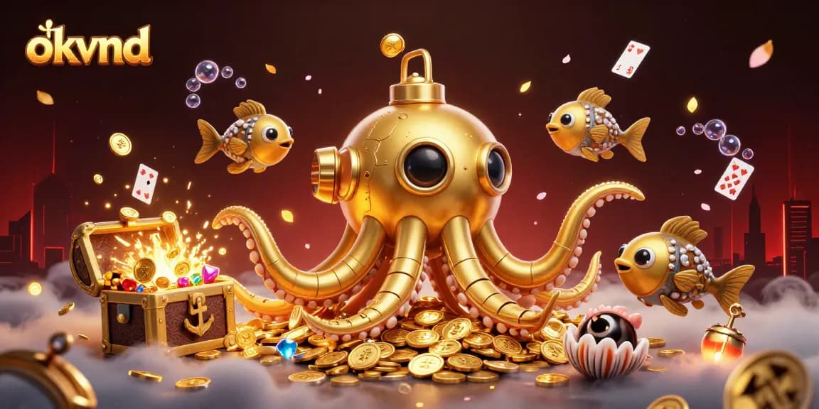 Experience the thrill of okvnd as the golden kraken submarine surfaces amidst treasure in this vibrant illustration.