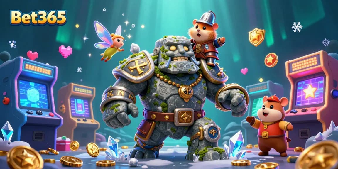 Experience the magic of Bet365 with a whimsical 3D illustration showcasing a golem guardian, fairy, and hamster knight amid casino treasures.