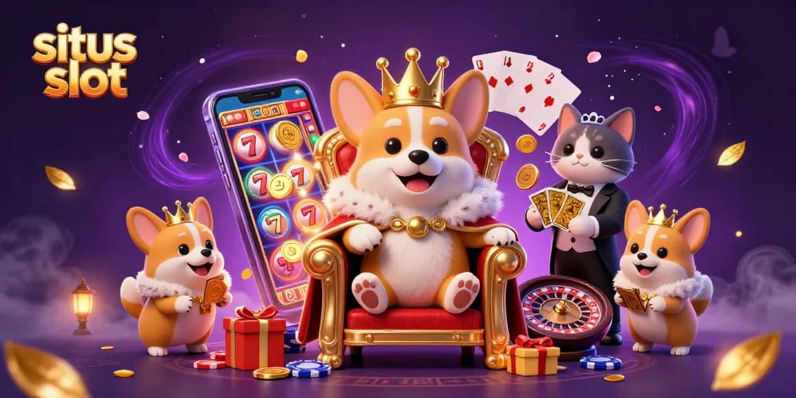 Engage in situs slot excitement with a royal corgi on poker chips, showcasing vibrant gaming elements.