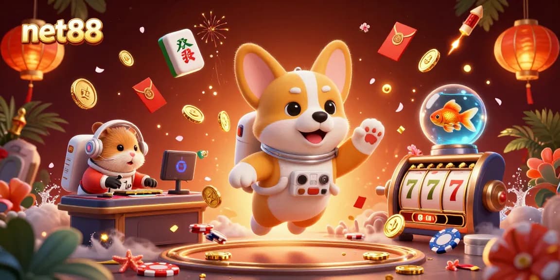 Join the fun at net88's exciting casino scene featuring vibrant characters and lively gaming elements.