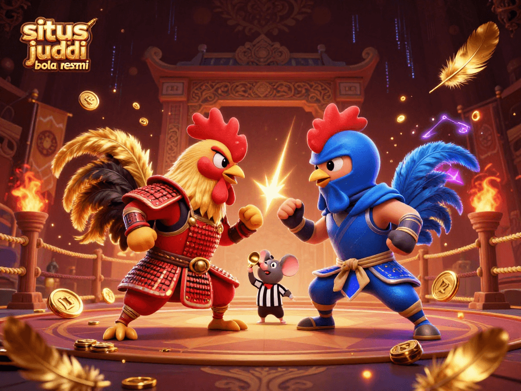 Experience thrilling action with the situs judi bola resmi featuring striking rooster duels and vibrant casino elements.