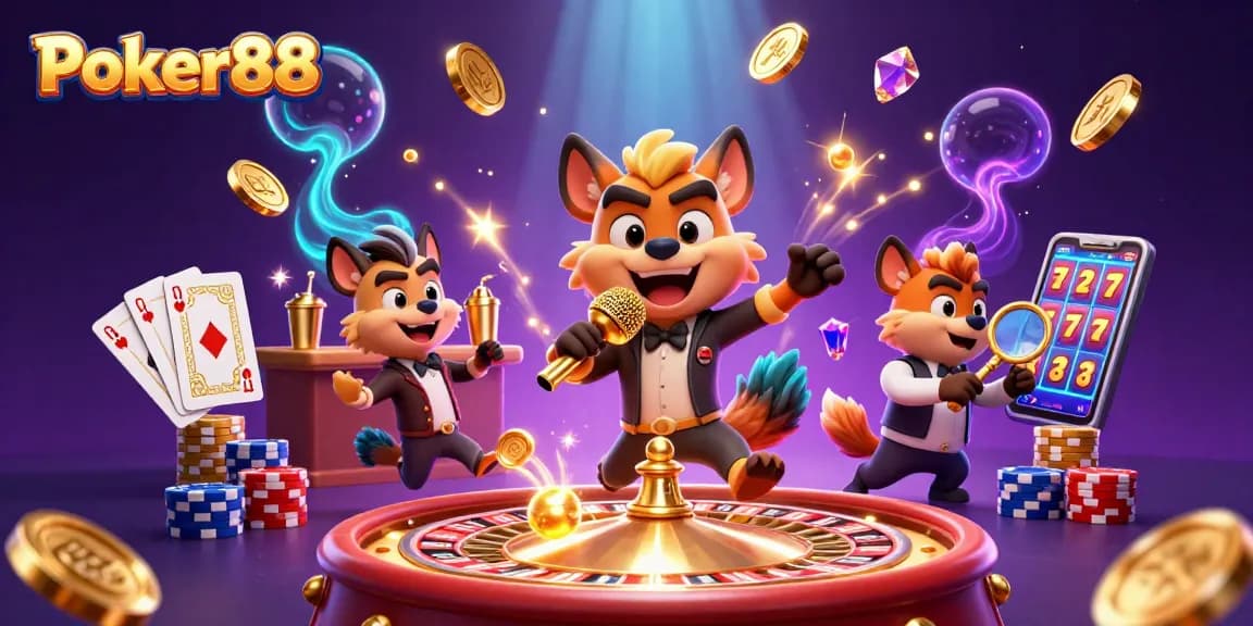 Playing cards and poker chips animate in a vibrant scene at Poker88's casino.