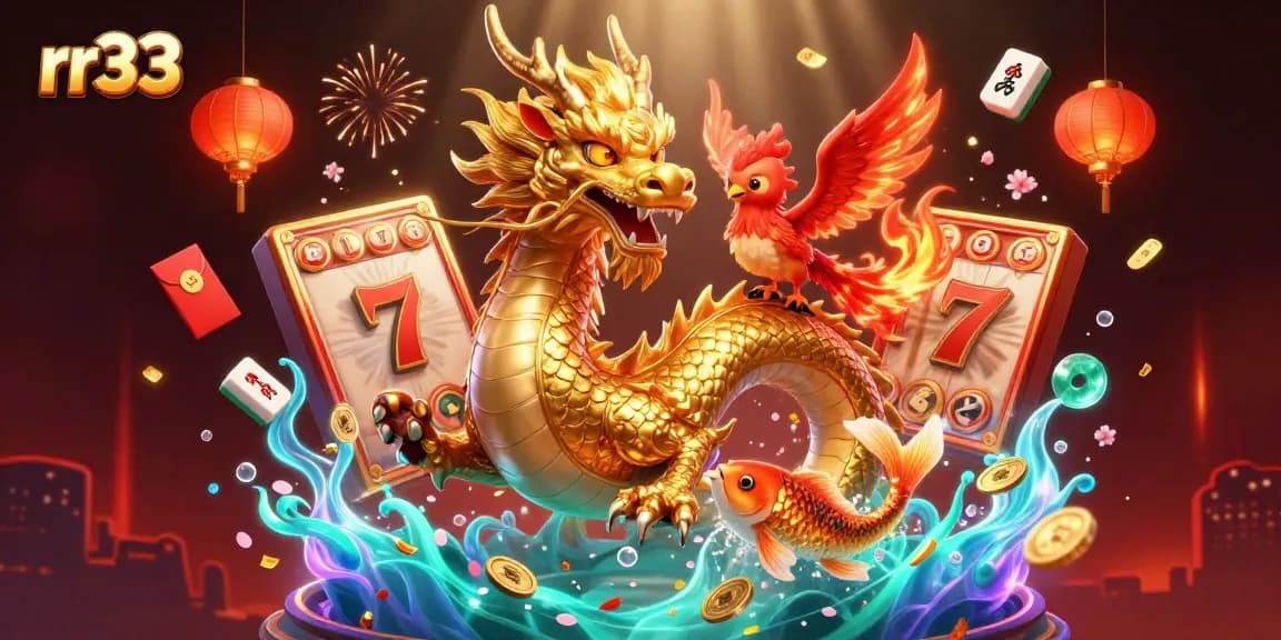 Play exciting slot games at rr33, featuring a golden dragon, phoenix, and koi in a vibrant casino scene.