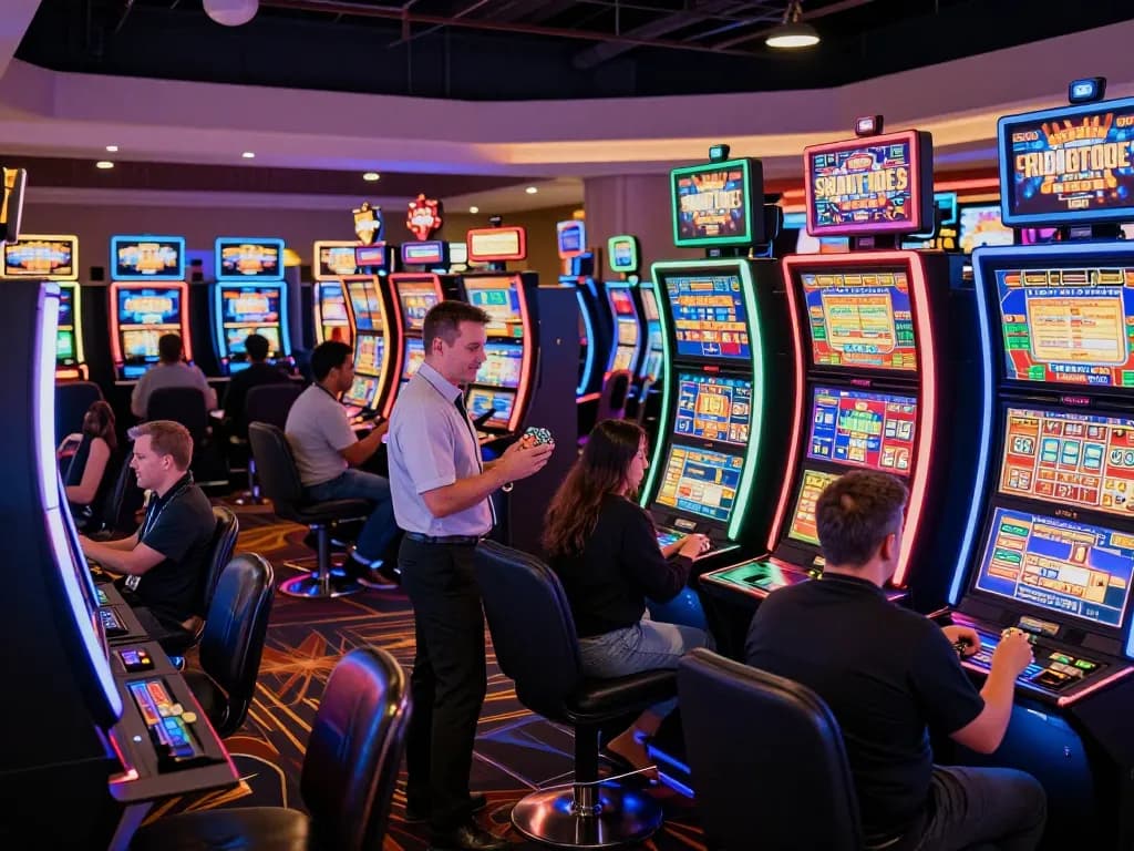 cm88 players engaging with vibrant slot machines in a lively casino