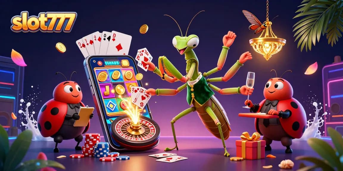 Engage with slot777's vibrant gaming scene featuring a cartoon mantis card sharp and ladybug pit boss.