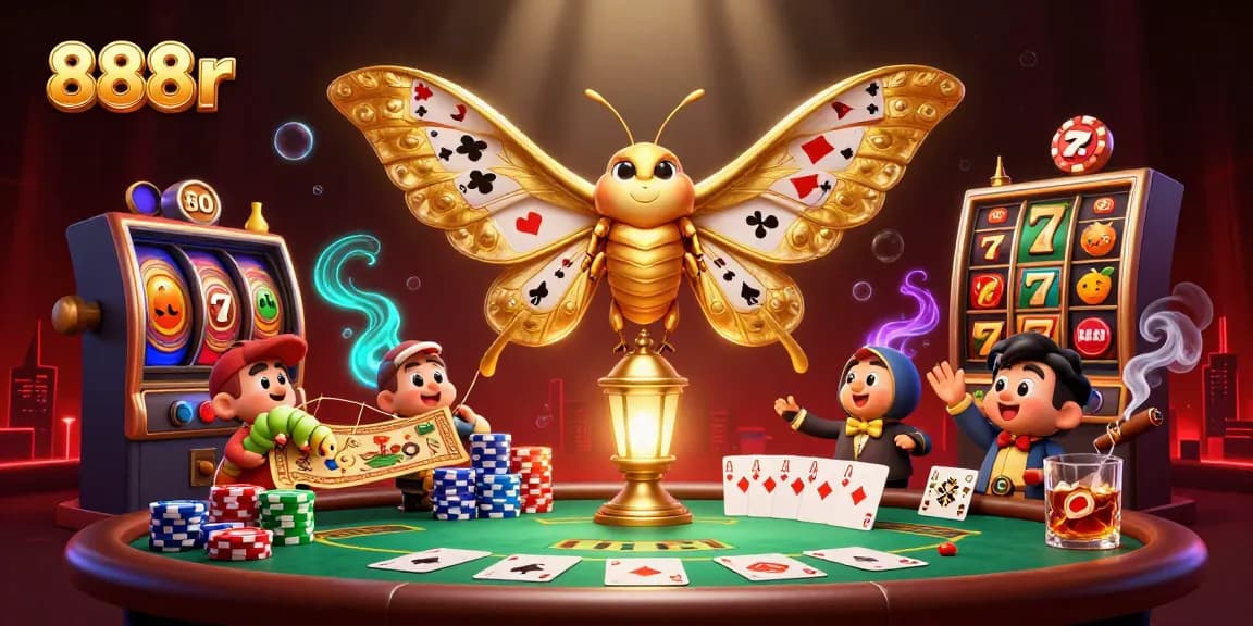 Experience the vibrant 888r casino scene with treasure-filled moths and dynamic gaming elements.