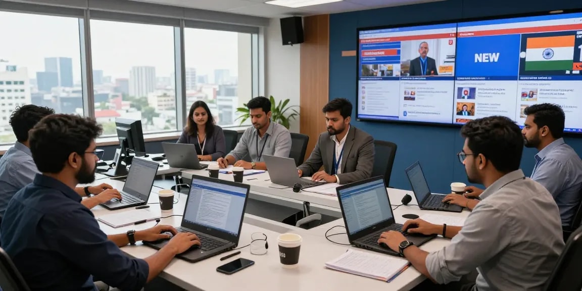 Dynamic newsroom at https://www.theindaily.com with journalists reporting live Indian news updates.