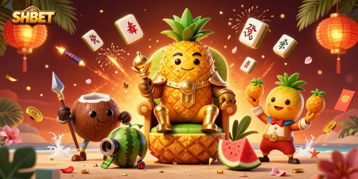 Engage in thrilling action at SHBET with a vibrant casino scene featuring the golden pineapple king and lively characters.