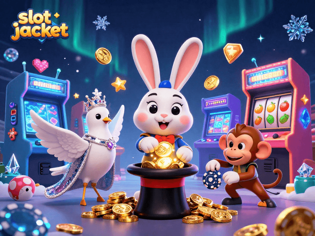 Experience the thrill of a slot jackpot with a magician rabbit, dove, and monkey in a vibrant casino scene.