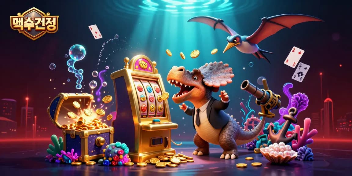 먹튀검증과 관련된 골드 슬롯 머신에서 동전이 쏟아지는 3D 만화 스타일 일러스트