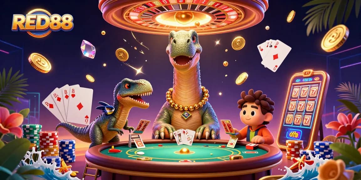 Play thrilling games at RED88 casino, showcasing a dynamic scene with fun characters.