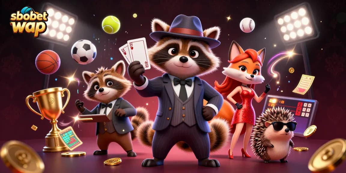 Experience sbobet wap betting with a suave raccoon and fox lady amid dynamic sports elements.