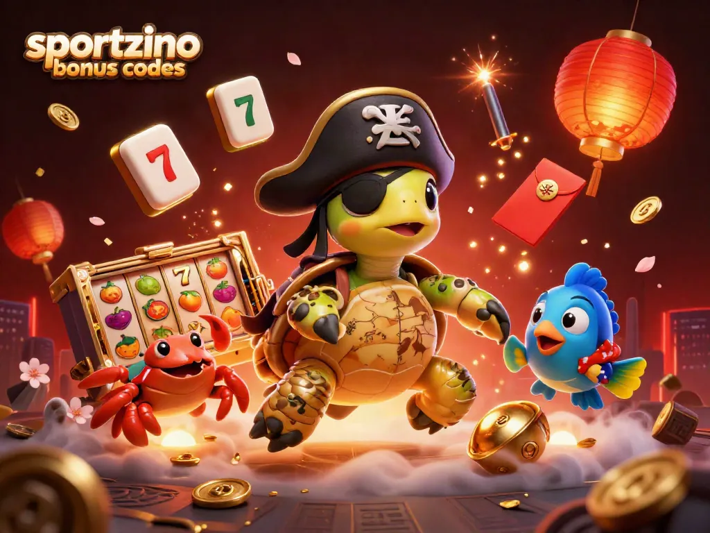 Win with sportzino bonus codes while surrounded by fun gaming characters and vibrant casino symbols.