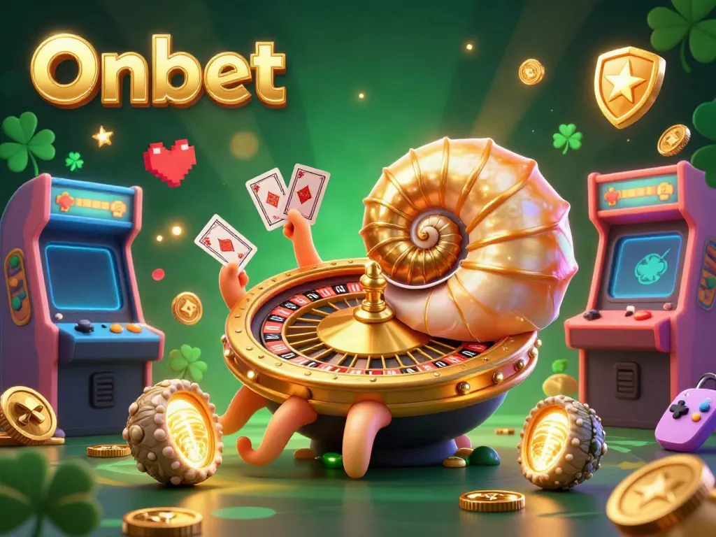 Experience the thrill of Onbet with this vibrant scene featuring a giant nautilus roulette wheel, colorful arcade machines, and glowing game elements.