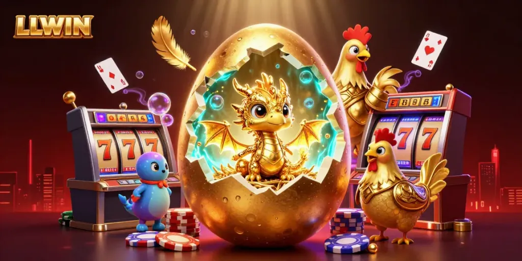 Spin the reels at LLWIN, featuring dynamic 3D cartoon dragons and poker chips in a vibrant casino atmosphere.