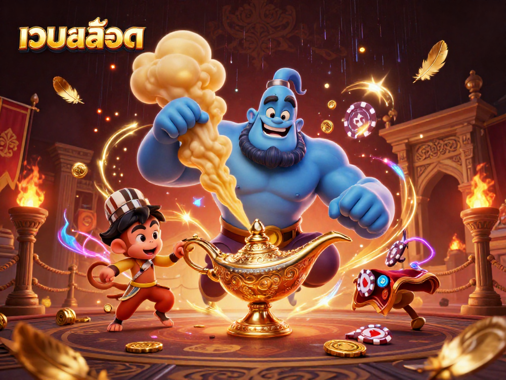 Experience thrilling เว็บสล็อต action with a genie and magic carpet in a vibrant casino scene.