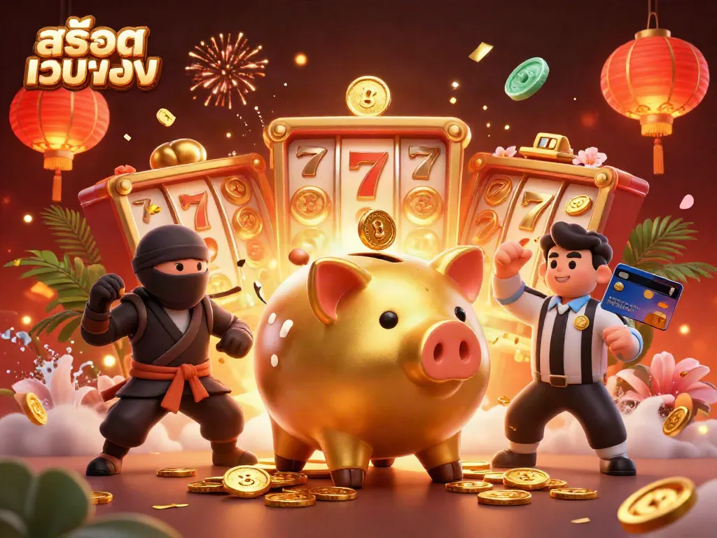 Engage with a dynamic scene showcasing สล็อตเว็บตรง, featuring a golden piggy bank sumo wrestler and animated casino elements.