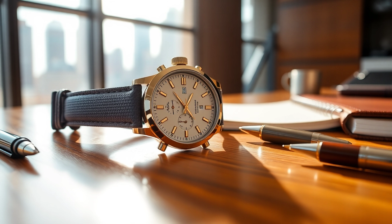 Showcasing a luxurious replica watch with intricate details on a wooden desk.