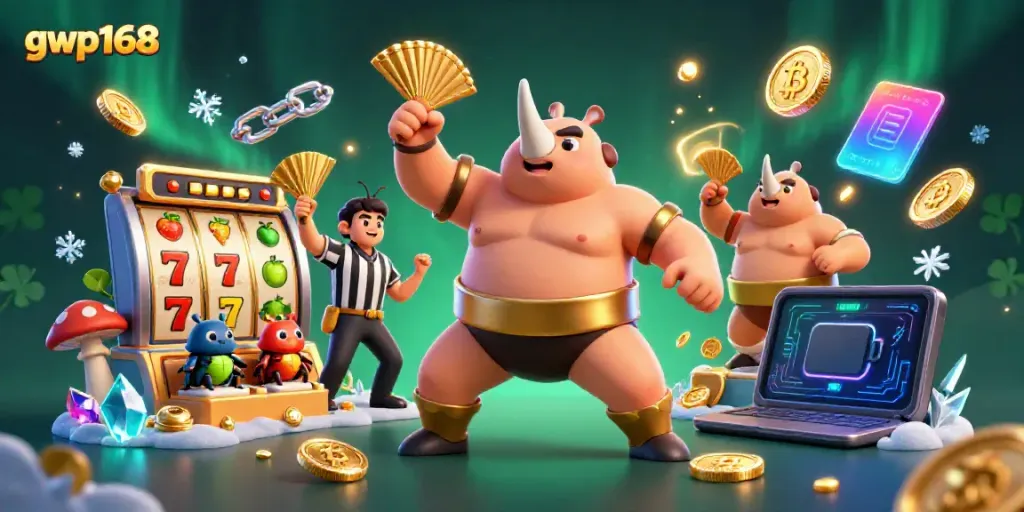 Menyaksikan juara sumo kupu-kupu rhinoceros 3D gwp168 saat menghentak dengan koin emas berterbangan dalam suasana kasino.