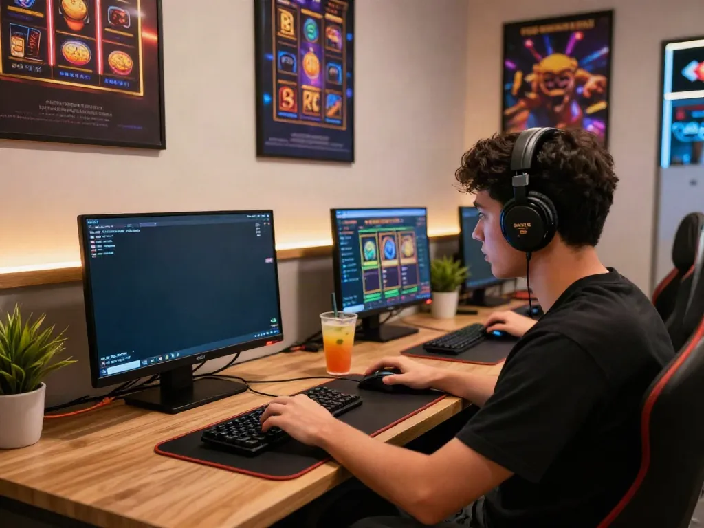 Player enjoying akunjp online slots in a modern gaming setup