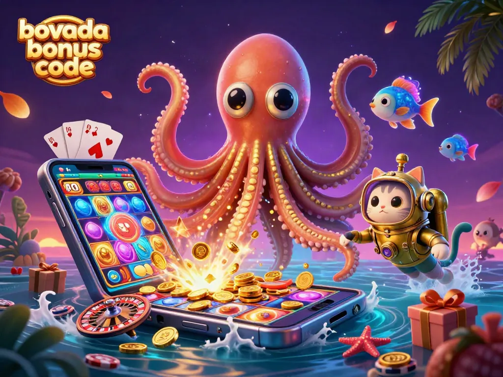 Engage with the latest bovada bonus code while enjoying a vibrant 3D illustration of casino games and characters.