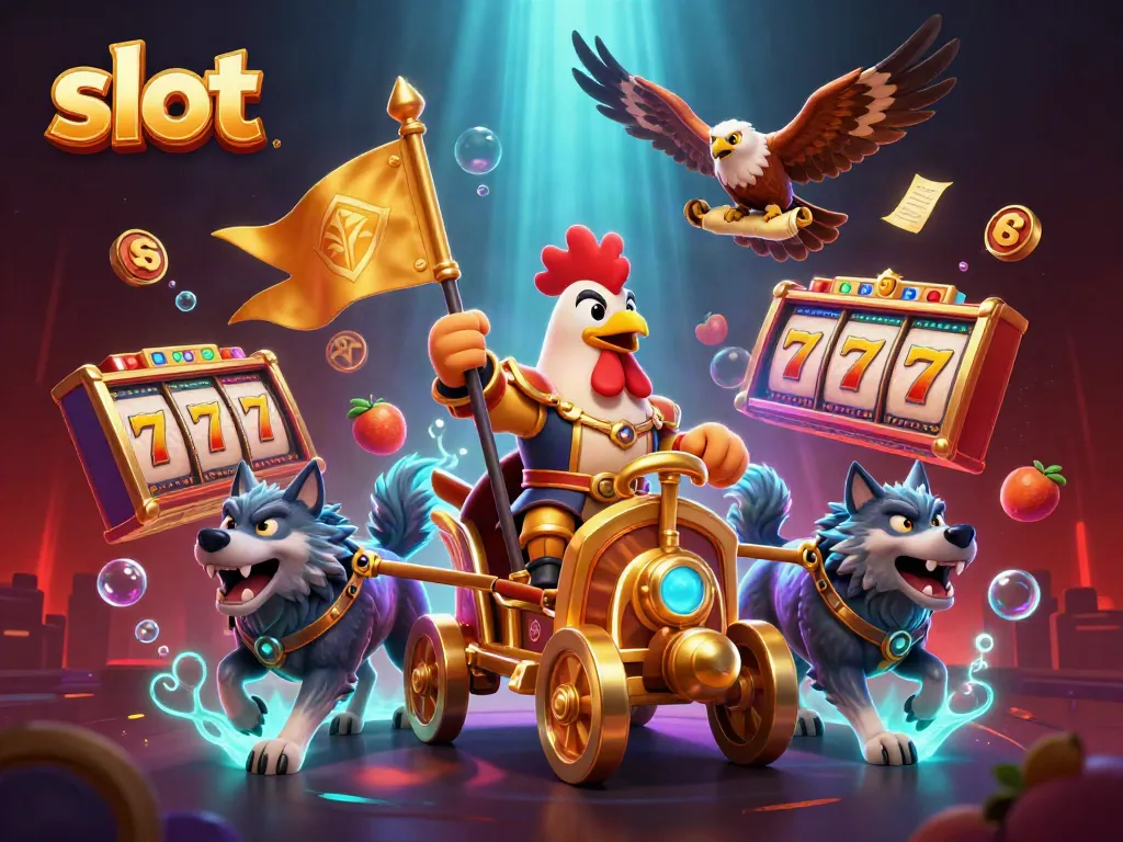 Experience thrilling slots in action with a cartoon rooster warlord leading the scene.