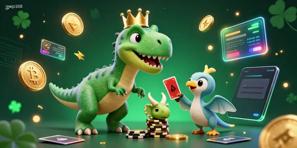 GWP168 menampilkan T-Rex lucu dengan mahkota emas saat bermain kartu dan menumpuk chip emas.