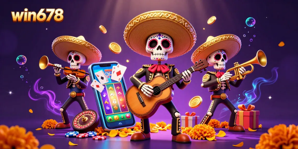 Spin slots and win big with win678 in a vibrant 3D illustration featuring a mariachi band.
