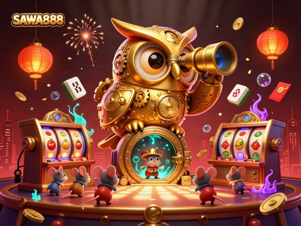 SAWA888 showcases dynamic 3D casino scene with golden owl and vibrant slot elements