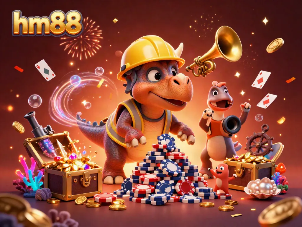 Experience the vibrant and celebratory world of hm88, showcasing a triceratops maximizing poker chips in a thrilling casino scene.