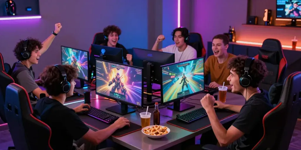 Group enjoying hotwin88 online gaming with vibrant ambiance and snacks.