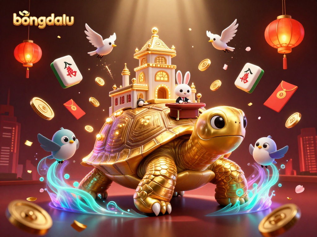 Engage with bongdalu's vibrant casino scene featuring a golden tortoise and festive elements.