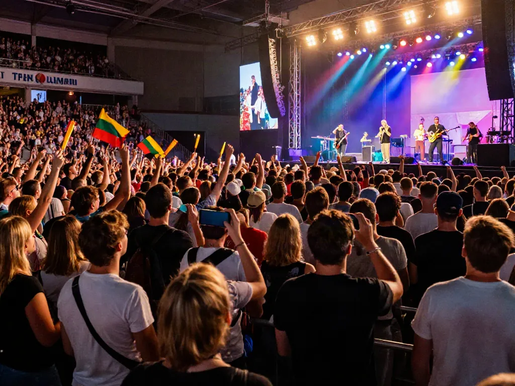 Exciting concert atmosphere captured at https://kurpramogauti.lt/ with a diverse crowd enjoying a live performance in Lithuania.