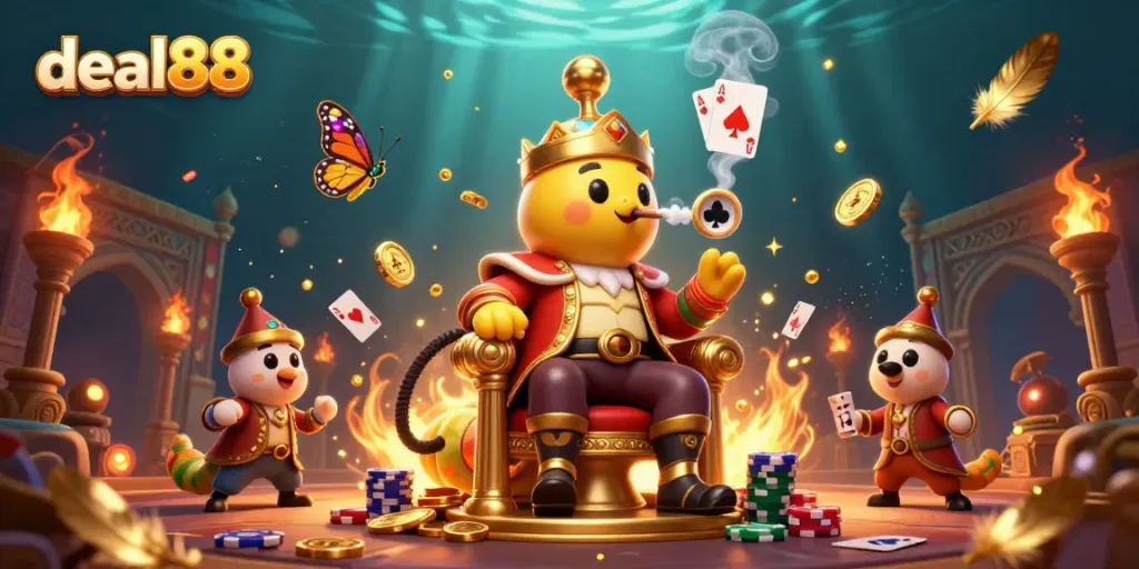 Experience deal88 at its finest with this vibrant casino-themed illustration featuring poker elements.