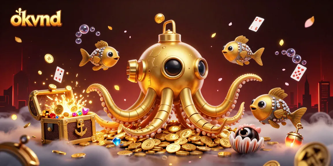 Experience the thrill of okvnd as the golden kraken submarine surfaces amidst treasure in this vibrant illustration.