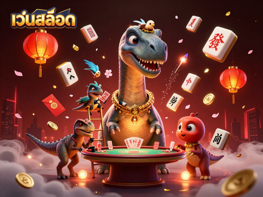 Experience thrilling เว็บสล็อต action with towering brontosaurus and clever raptor at a dynamic casino scene.