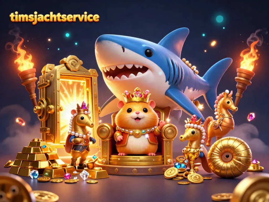 Timsjachtservice menghadirkan rajanya hamster keemasan di atas gigi hiu megalodon, dikelilingi harta karun dan efek cahaya.