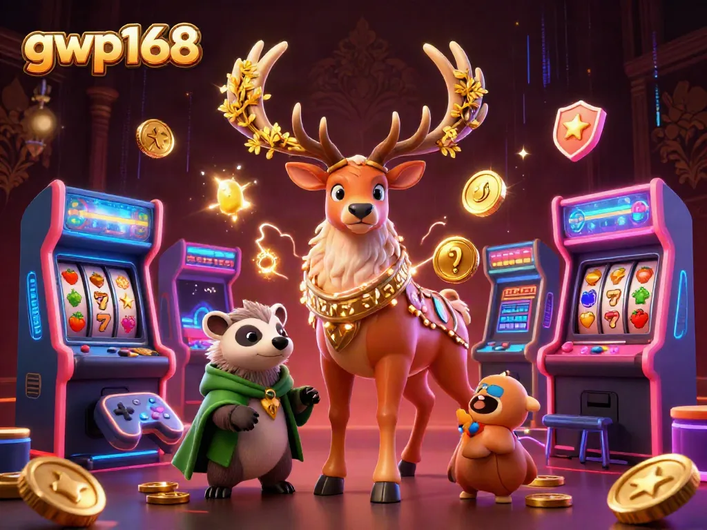 Mainkan gwp168 dengan akses optimal, ilustrasi 3D penuh warna tentang kasino dan permainan slot.