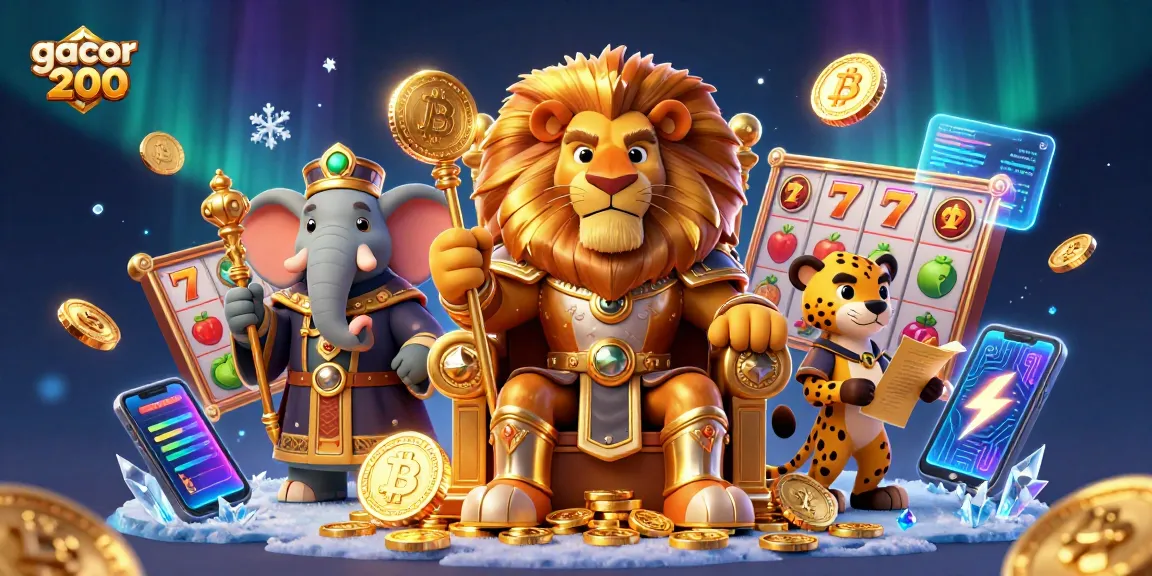 Engage with gacor 200 in a vibrant online casino scene featuring slots and crypto elements.