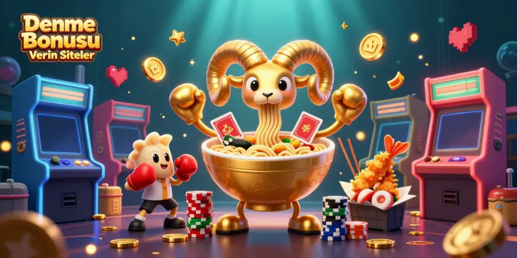 Engage with Deneme Bonusu Veren Siteler through a vibrant 3D illustration featuring a golden ramen bowl character.
