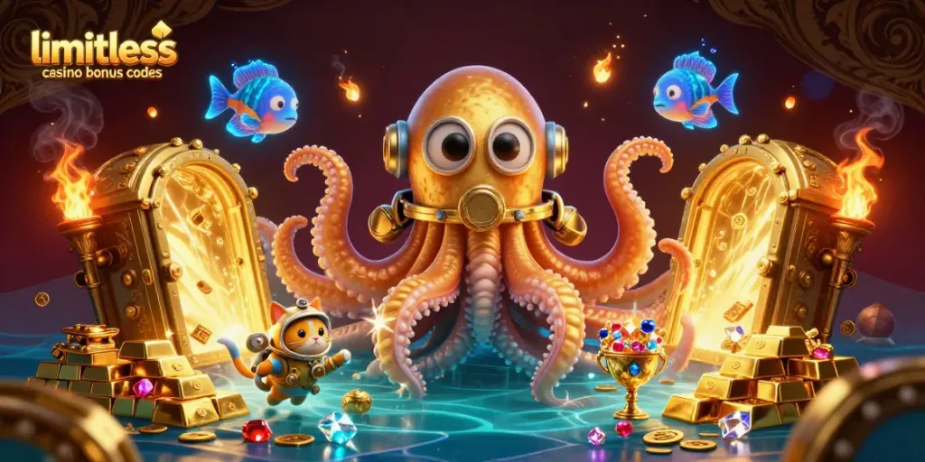Engaging illustration of limitless casino bonus codes depicting a kraken and diving cat amidst treasures and game elements